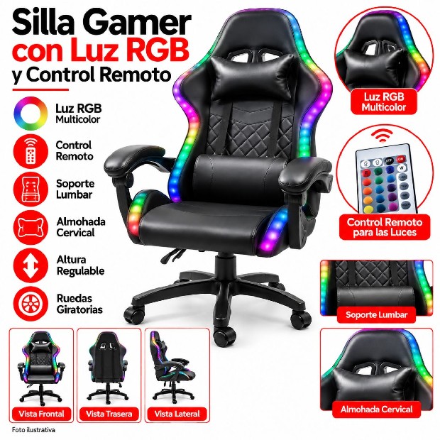 &ua SILLA GAMER 2 ALMOHADONES + APOYA PIES + RGB